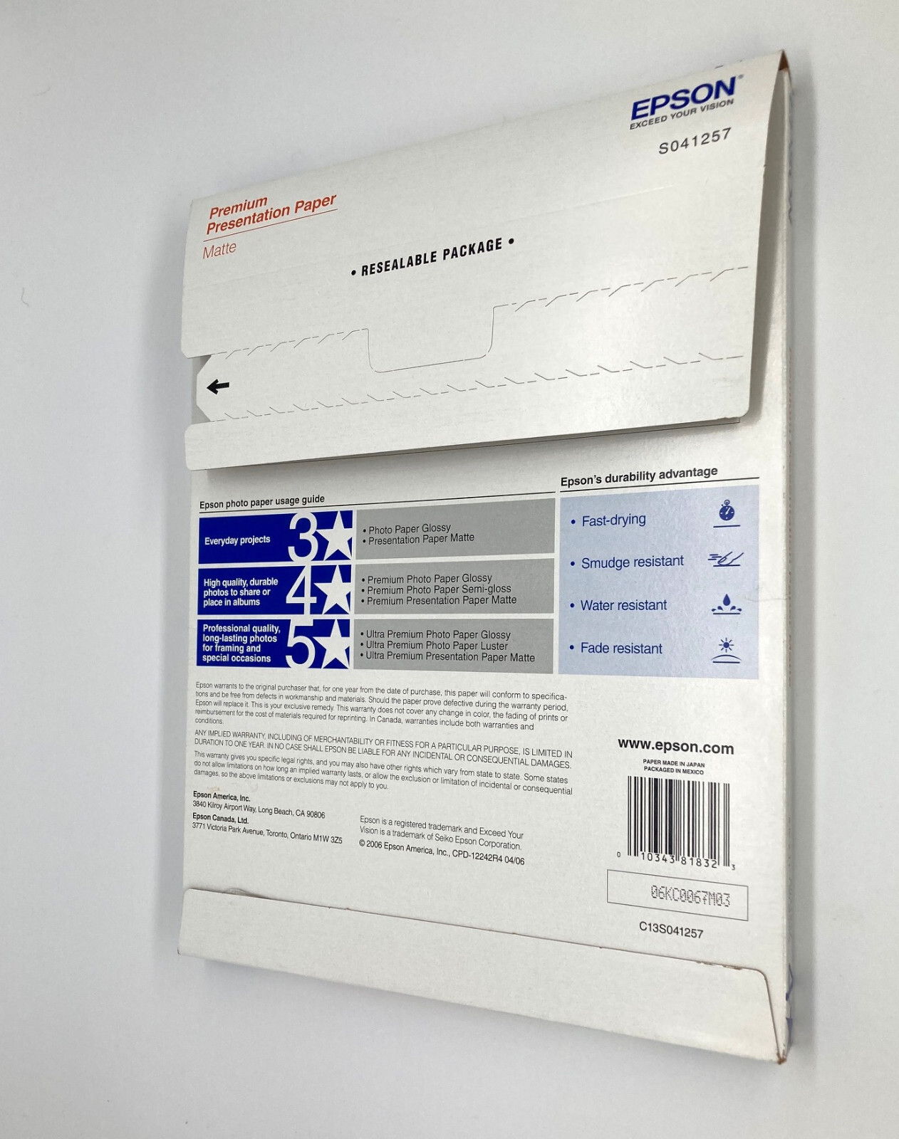 Epson S041257 Matte Paper Premium Presentation 8.5 X 11 Ink Jet – 41 SHEETS