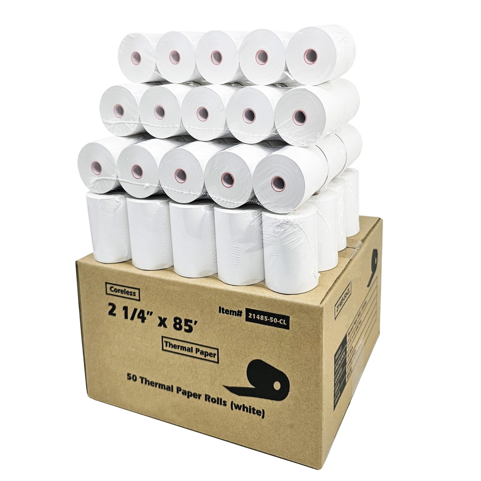 (50 Coreless Rolls) 2 1/4 x 85 Thermal Paper Receipt Rolls fits all white