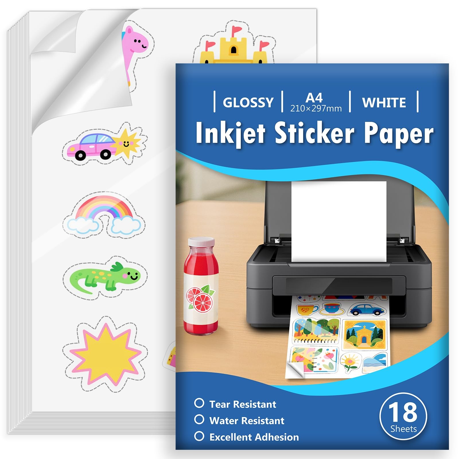 Euqvunn 18 Sheets Sticker Paper for Printer A4, Glossy White Water Resistan