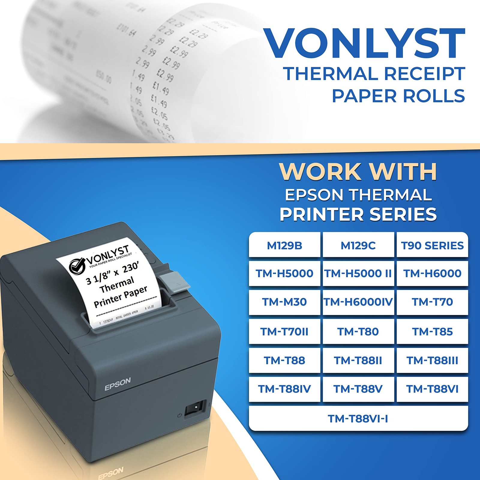 Vonlyst 3 1/8 x 230 Thermal Paper 24 rolls, White Black Image