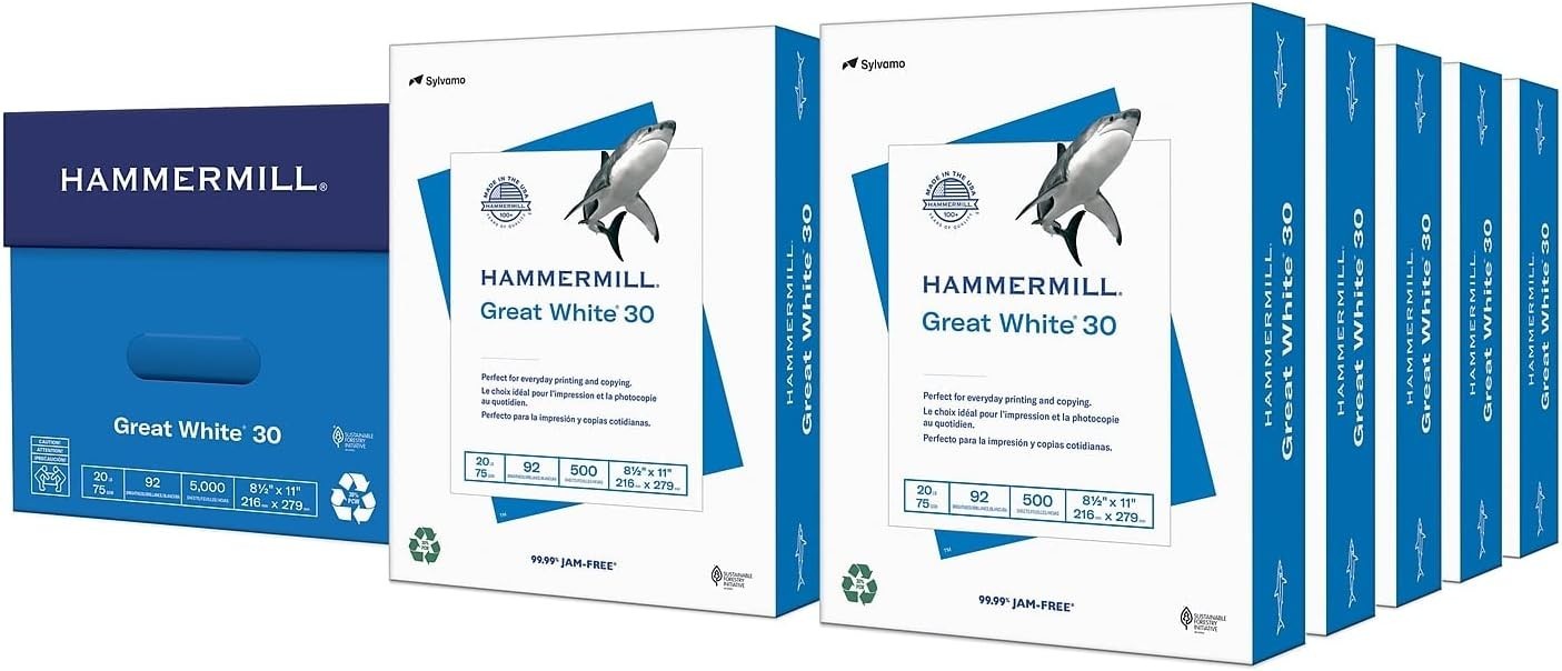 Great White Recycled Printer Paper – 8.5×11, 5000 Sheets, 92 Bright, Made in USA