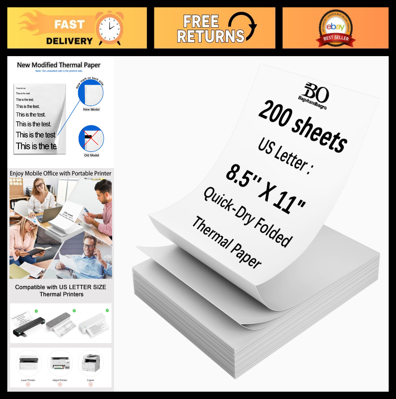 200 Sheets Thermal Printer Paper 8.5×11″ US Letter Size, Continuous Folded Print