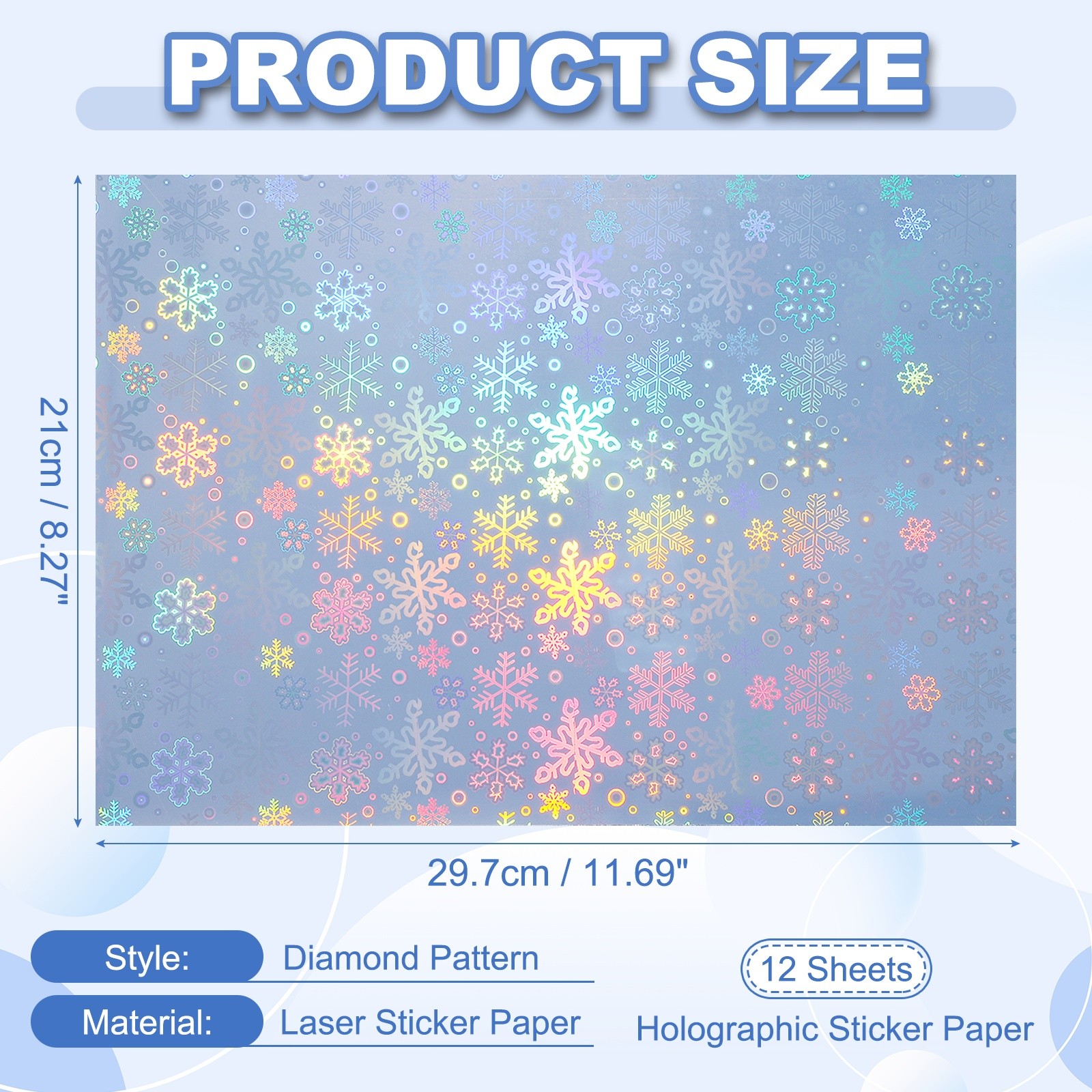 12×8 Inch 12 Sheet Snowflake Pattern Printable Holographic Adhesive Paper
