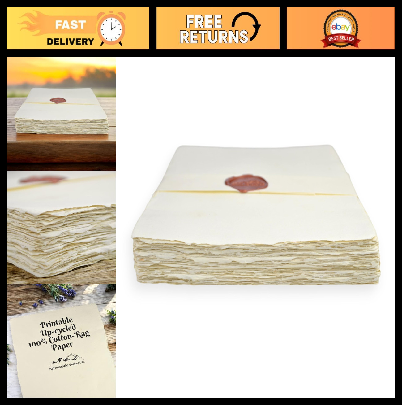 100% Cotton Vintage Deckle-Edge Handmade Printer Paper, 8.5×11″, Off-White, 100