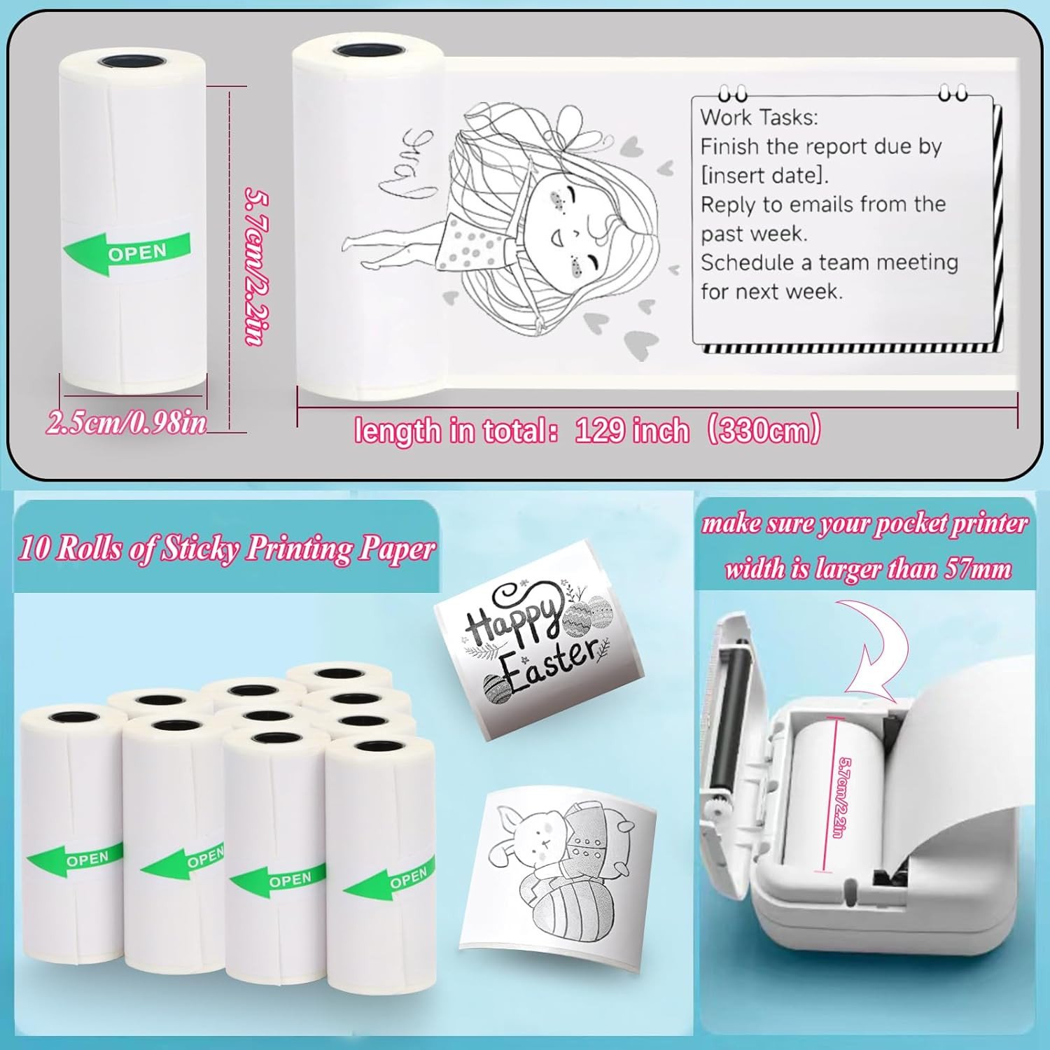 10 Rolls Mini Printer Sticker Paper Refill for Most Mini Thermal Printers, 57 x