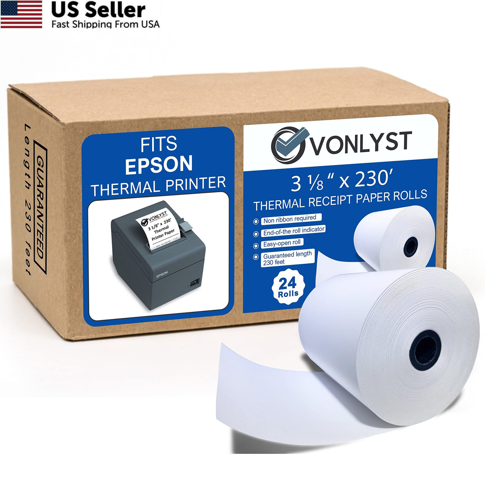 3 1/8 x 230 Thermal POS Rolls for 24 rolls, White Paper Black Image