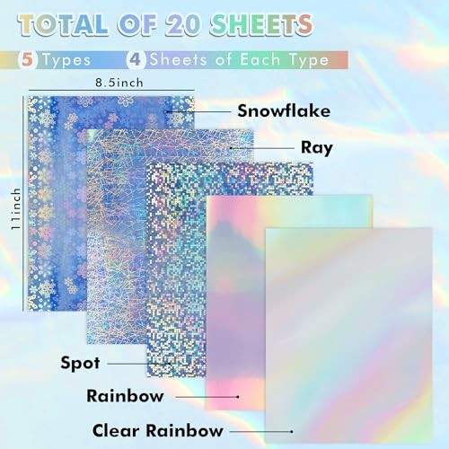 Holographic Sticker Paper – Rainbow/Clear/Snowflake/Spot/Ray | 20 Sheets, for
