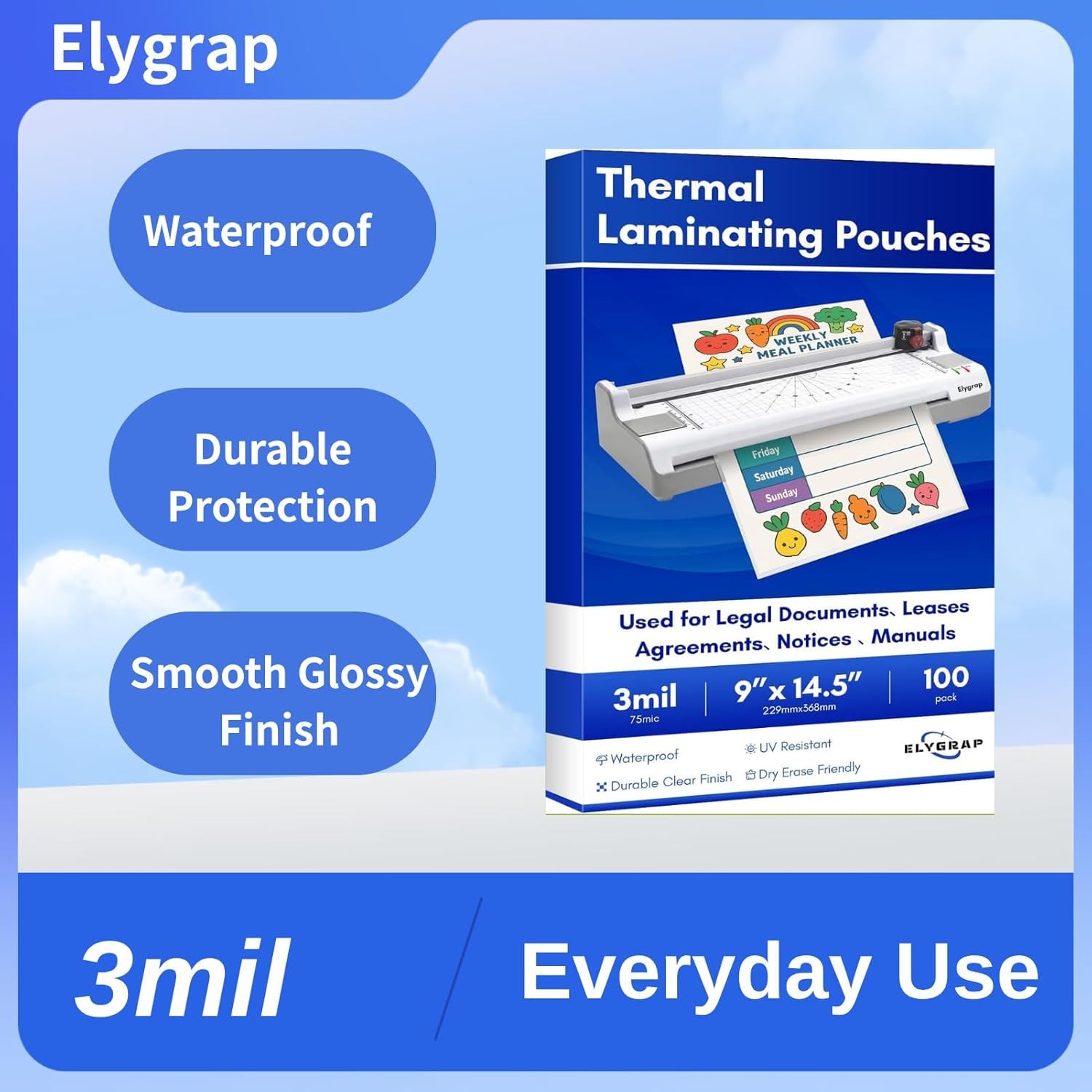 100 Pack Legal Size Laminating Sheets 8.5″x14″ (9×14.5) – 3Mil Thick Clear