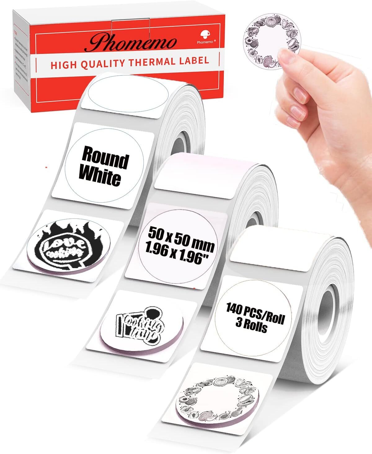 3 Roll Phomemo Thermal Sticker Label Self-Adhesive Round Direct Thermal Labels