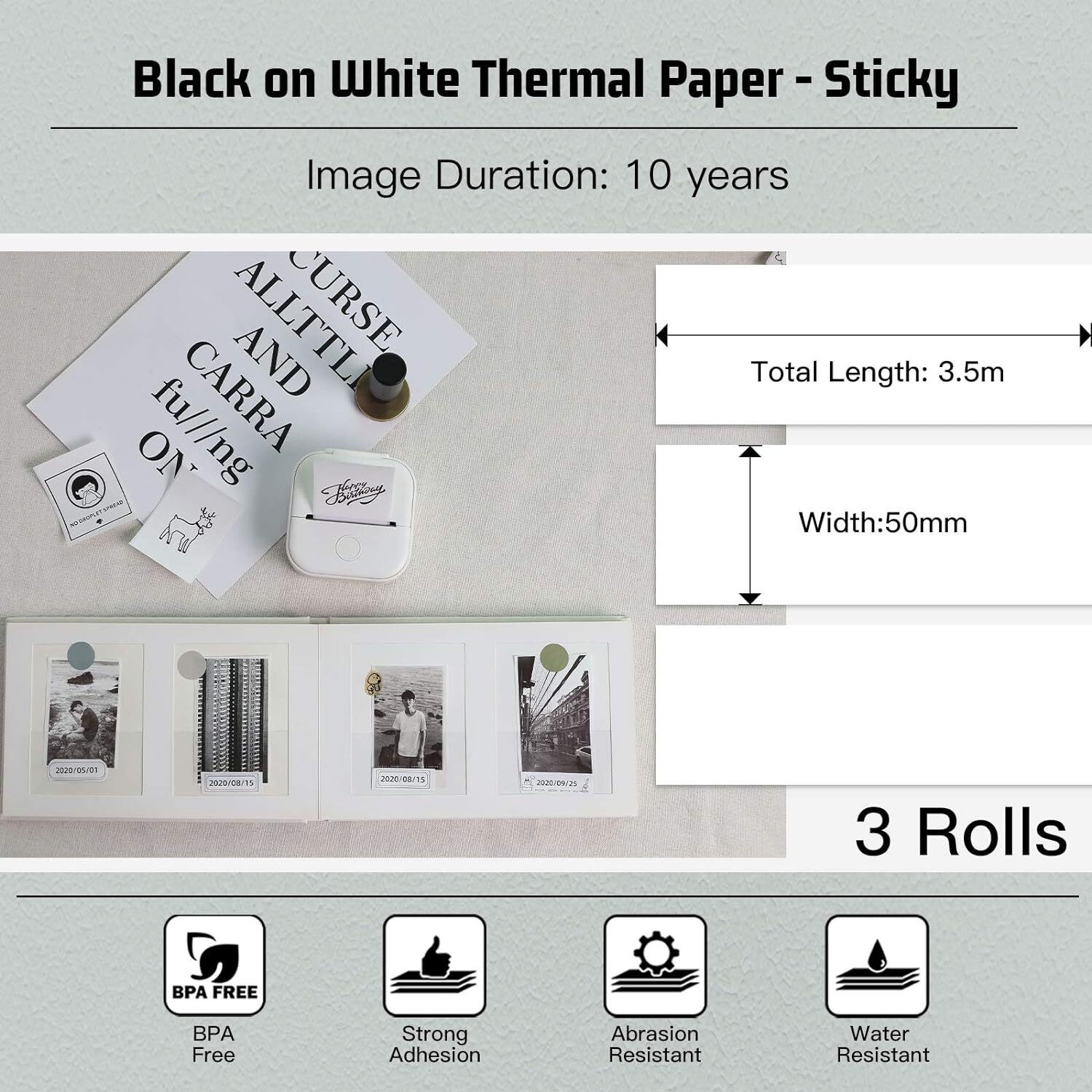 3 Rolls Self-Adhesive White Thermal Paper 50mm for Phomemo M02/M03/M04S/M04S