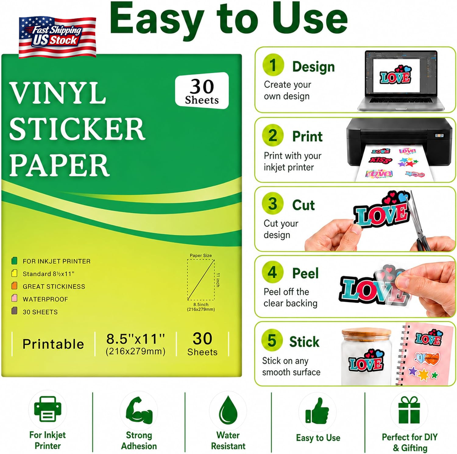 Aevdor 30 Sheets Printable Clear Sticker Paper for Inkjet Printer, Premium Vinyl