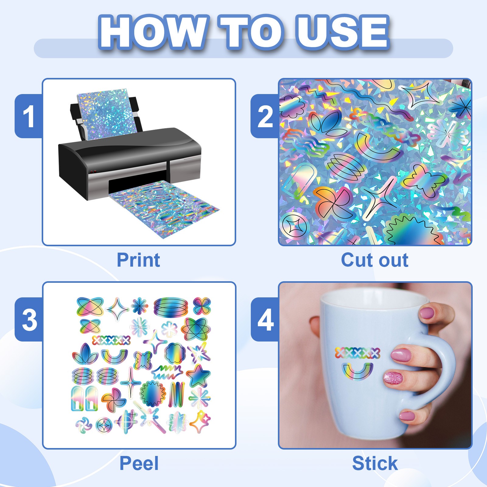 12×8 Inch 12 Sheet Snowflake Pattern Printable Holographic Adhesive Paper