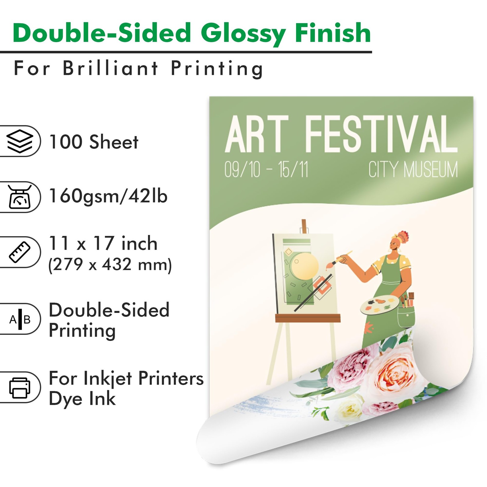 Double Side Glossy Brochure Paper 11×17 Inch Photo Printing 100 Sheets 42LB