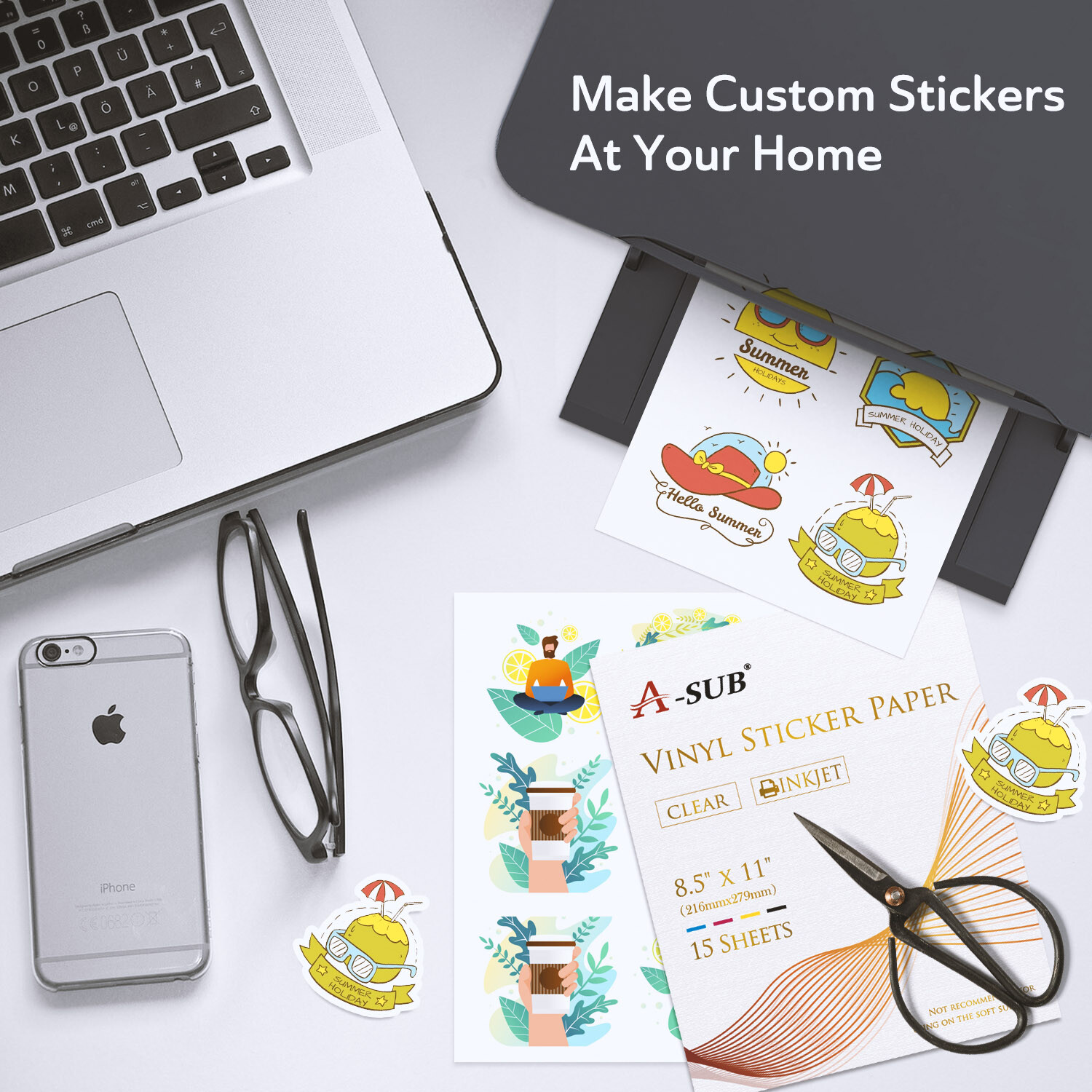 A-SUB Clear Vinyl Sticker Paper Waterproof for Inkjet Printer 60 Sheets 8.5×11