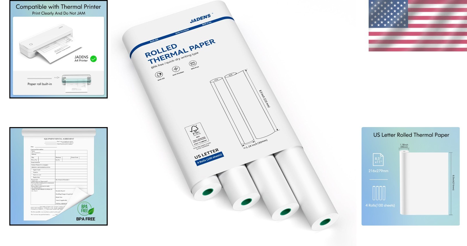 4 Rolls of Eco-Friendly Quick-Dry Thermal Paper 8.5”x11” for Smooth Printing
