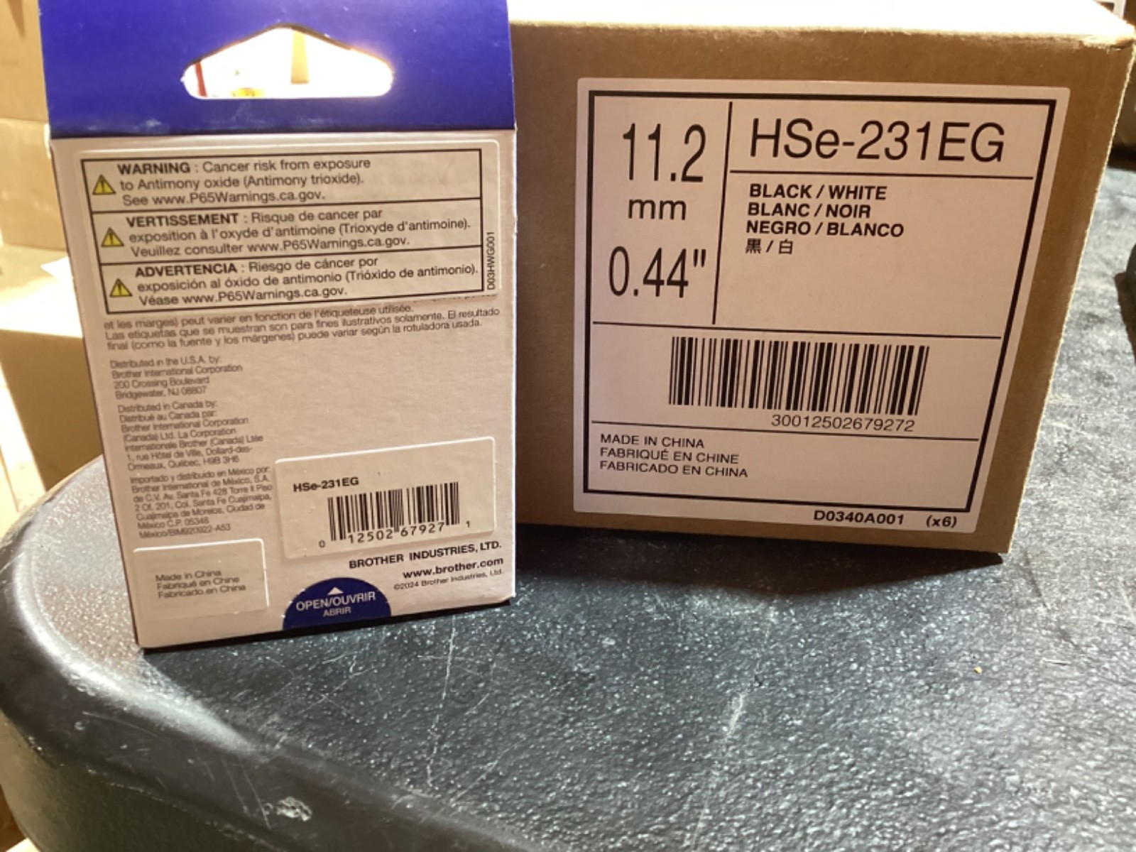 6 Pack Brother P-Touch Genuine HSe-231EG BLACK ON WHITE Label Tape 0.44” x 4.9’