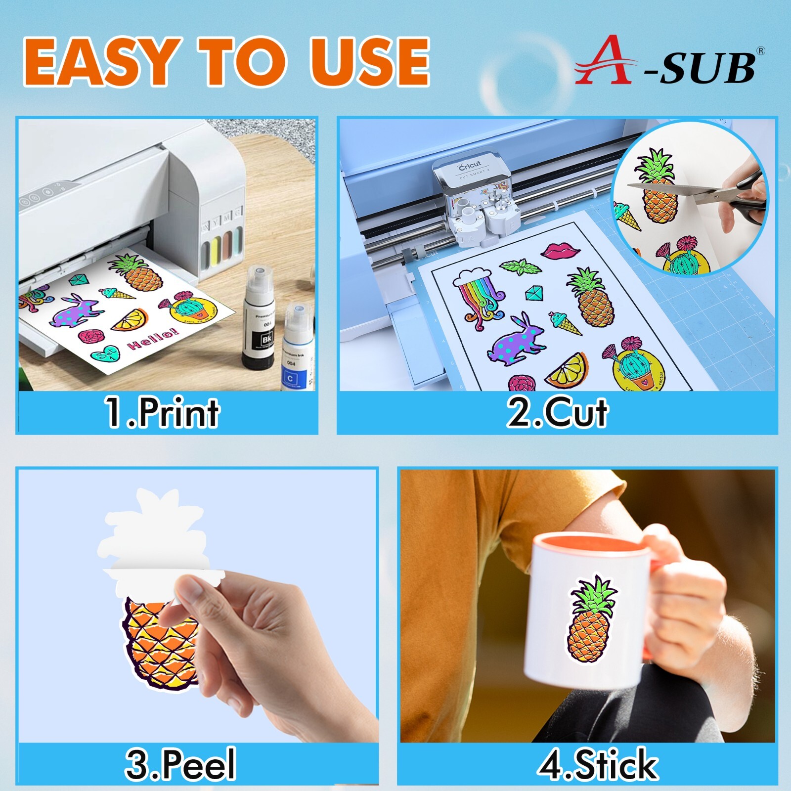 A-SUB Vinyl Sticker Paper High Glossy White Waterproof Removable 25 Sheet 8.5×11