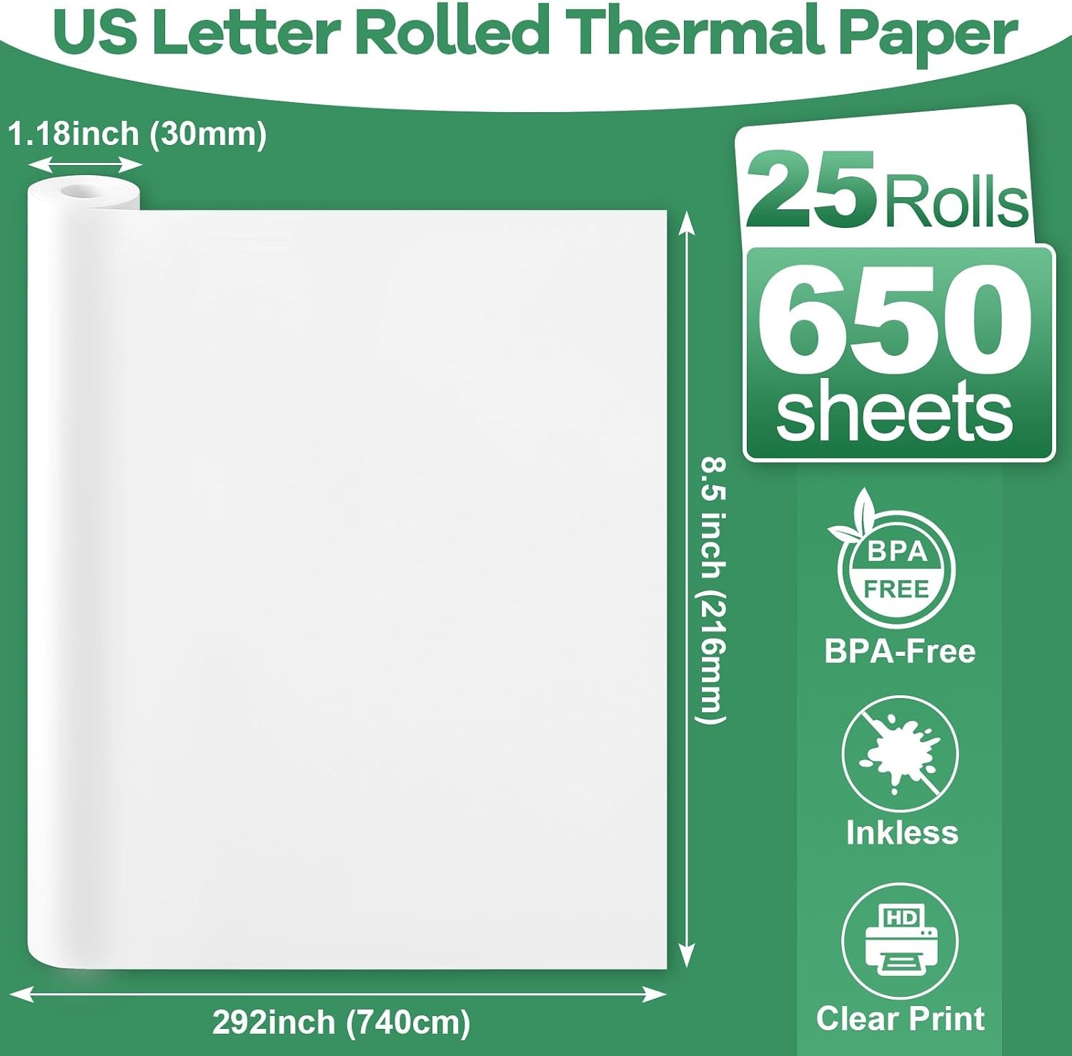 25 Rolls 8.5×11 Thermal Printer Paper Letter Size BPA Free 650 Sheets