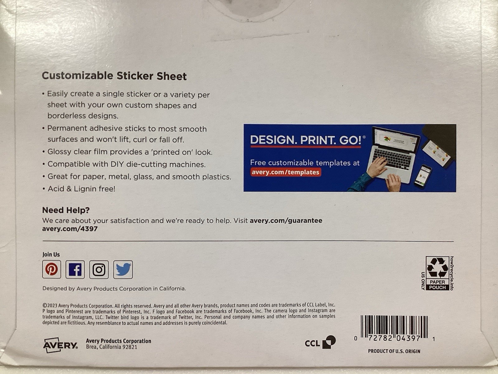 Avery DIY Glossy Clear Sticker Paper #4397 8 1/2” x11” 7 Sheets Laser/Inkjet