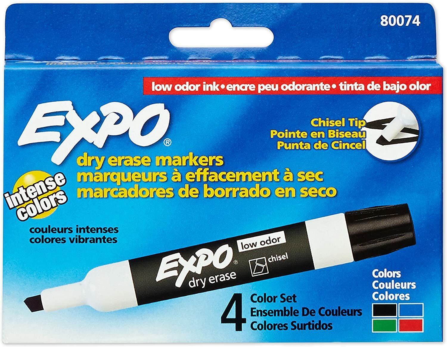 Expo Low Odor Dry Erase Marker, Broad Chisel Tip, Assorted Colors, 4-Count