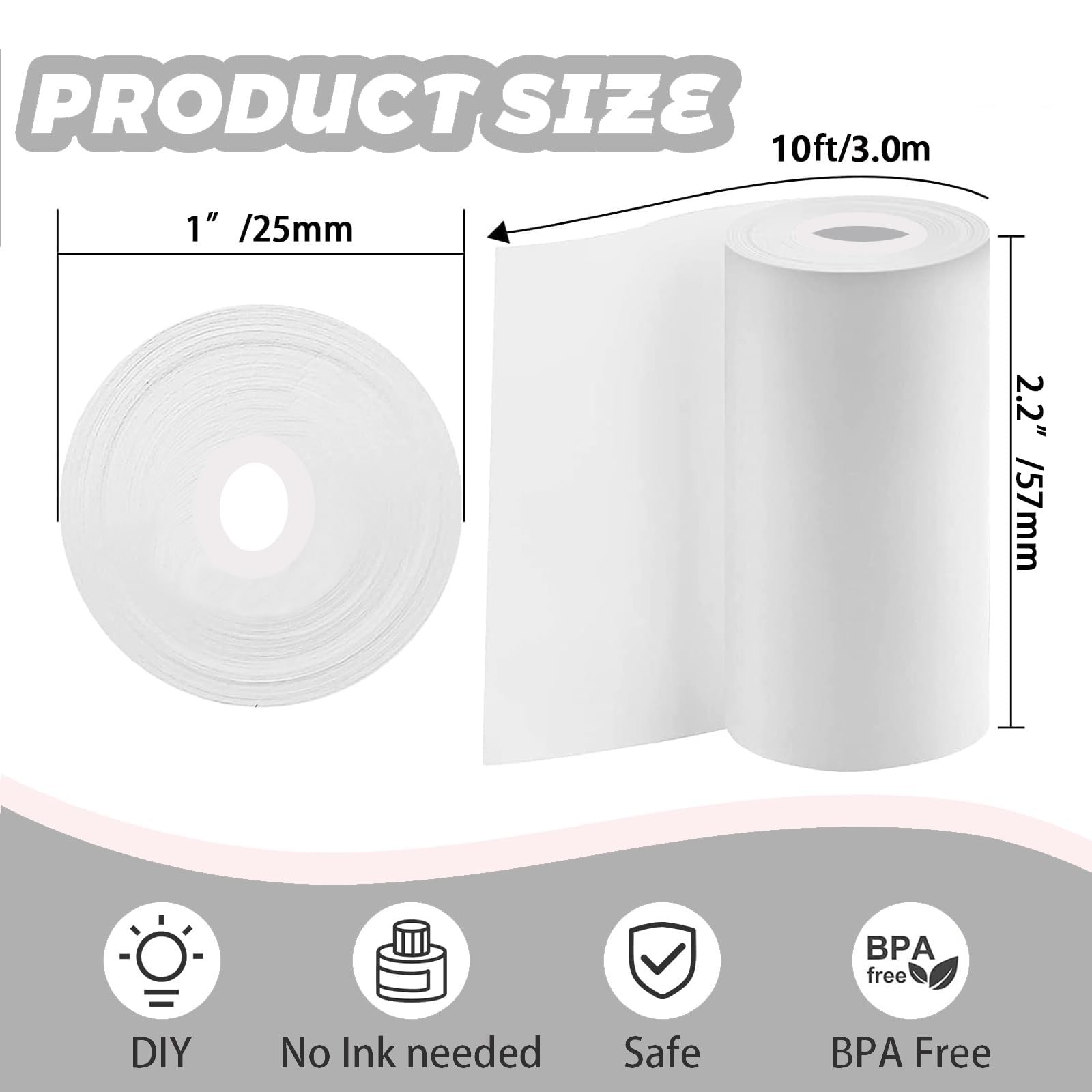 Mini Thermal Sticker Paper 10 Rolls, Pocket Printer Refill, 57x25mm, White