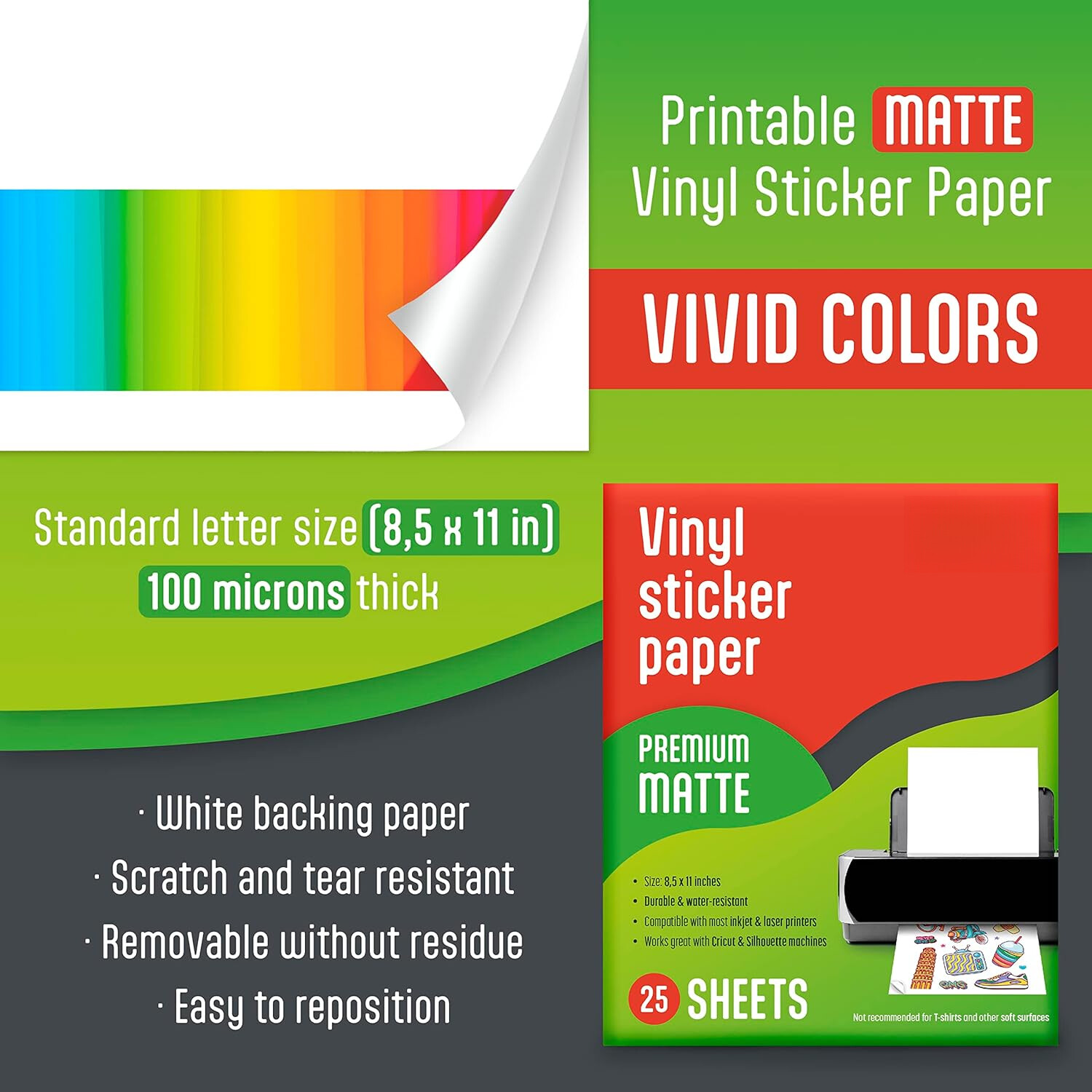 Printable Vinyl Sticker Paper for Inkjet Printer-25Sheets Matte White Waterproof