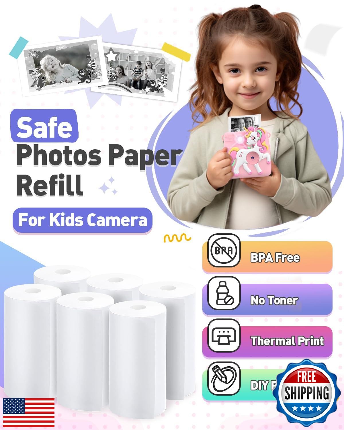 Kids Camera Paper Roll Refills, 6 Rolls Instant Print Camera Thermal Paper Re