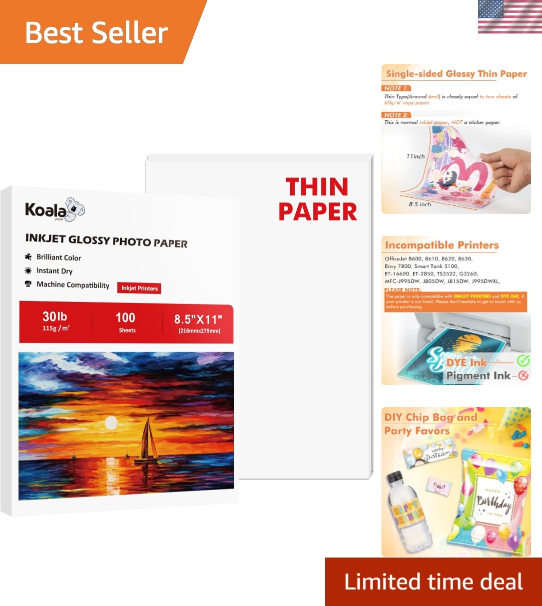 Koala Glossy Thin Inkjet Paper 8.5×11 – 100 Sheets of Fast-Drying Perfection