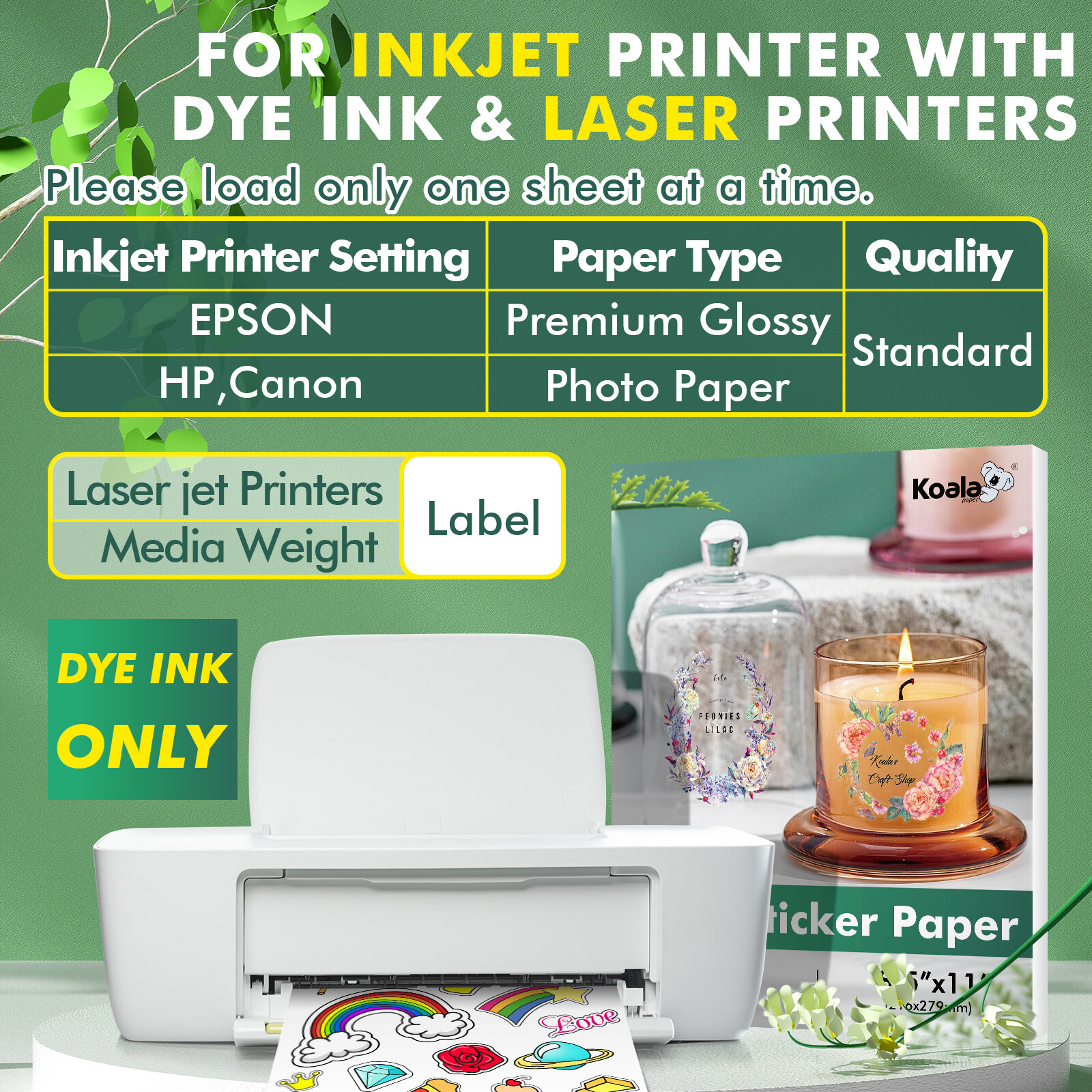 18-54 Koala Crystal Clear Sticker Paper for Inkjet + Laser Printers Glossy Vinyl