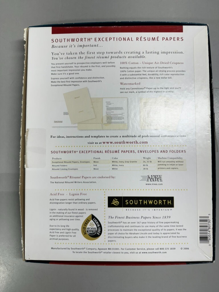 Set of 2 – Southworth Connoisseur Collection Resume Paper White – 48 + 16 Sheets