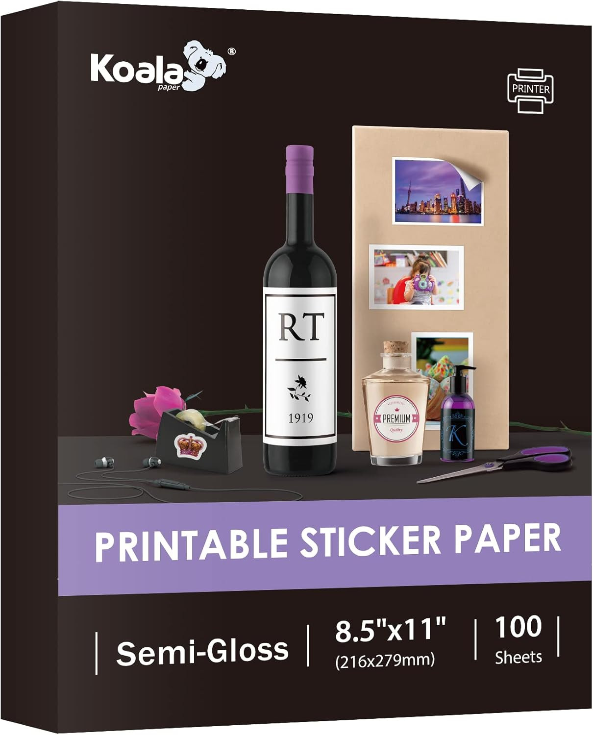 Koala Semi Glossy Sticker Paper for Inkjet & Laser Printer – 100 Sheets 8.5 X 11