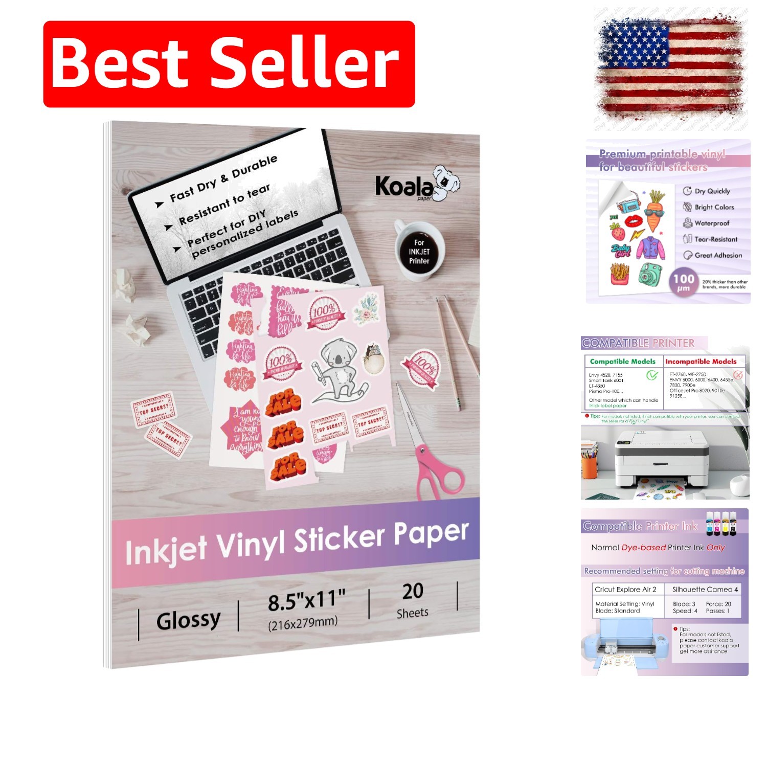 Koala Printable Vinyl Sticker Paper for Inkjet Printers – 20 Sheets Glossy Wh…