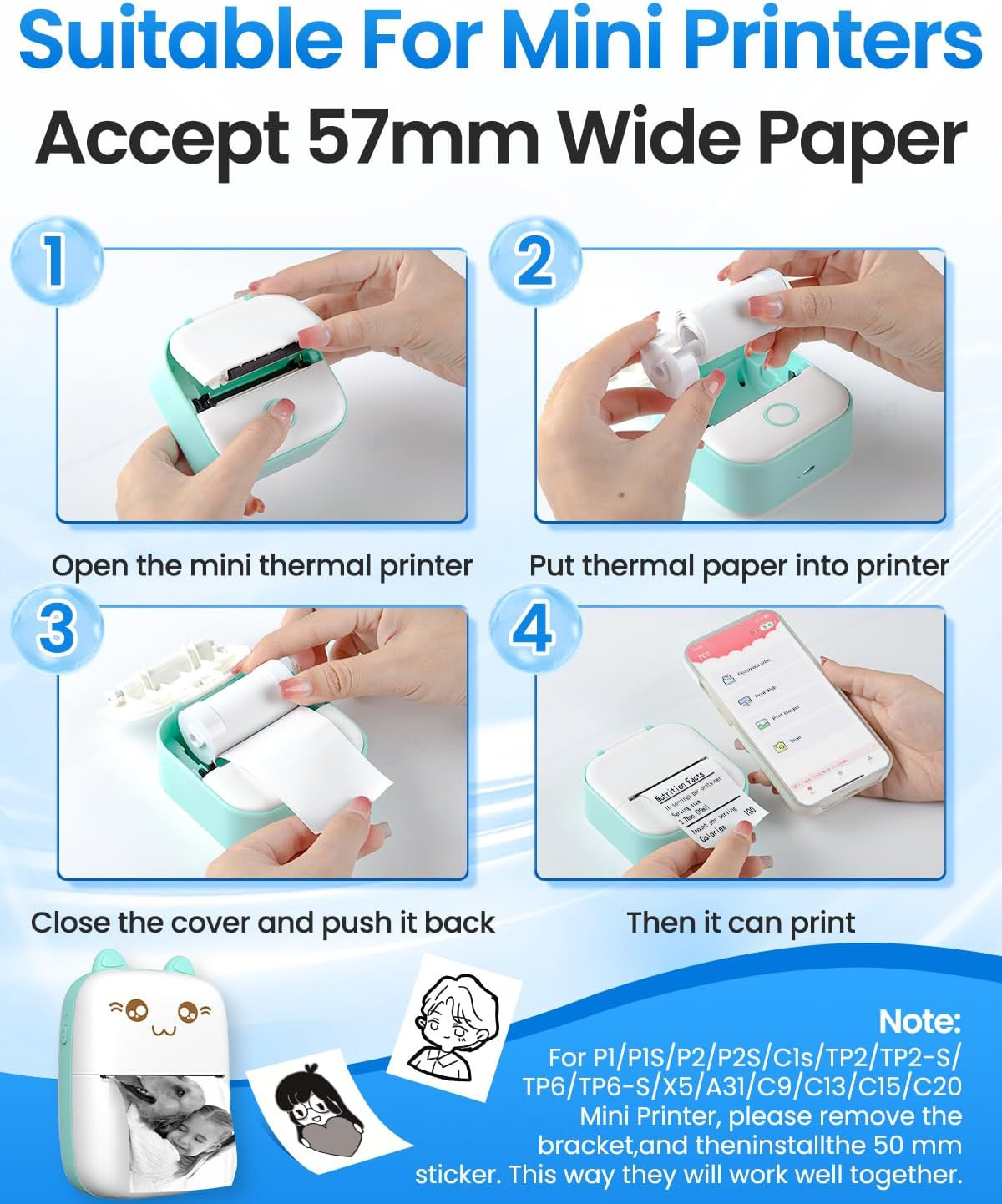 10 Rolls Mini Thermal Printer Sticker Paper,Thermal Sticker Paper 50 X 3.5m,Comp