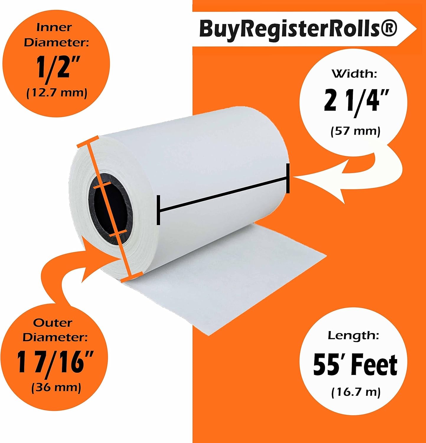 Receipt Paper Roll for Square Terminal Credit Card Machine 2 1/4 x 55 white