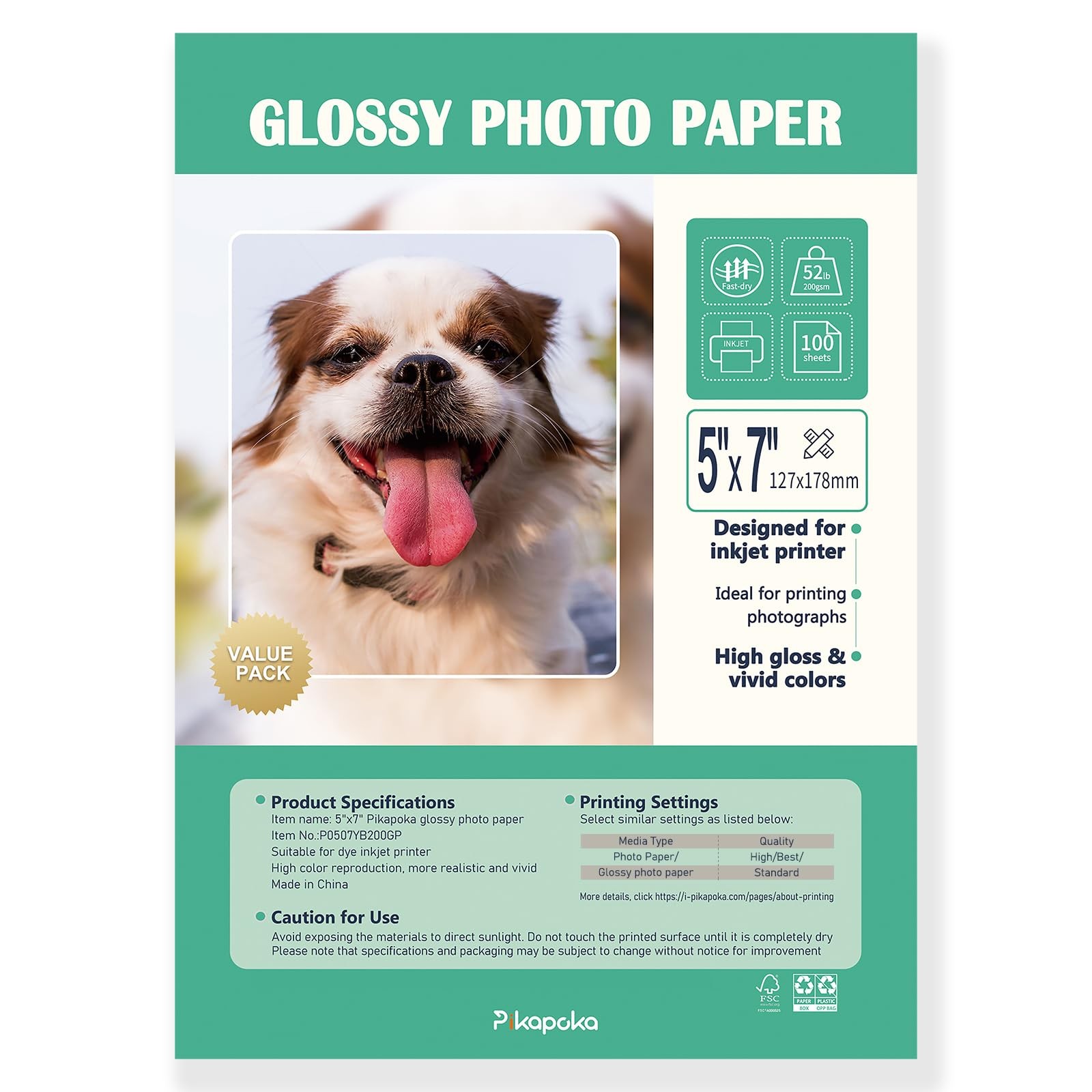 Glossy Photo Paper 5×7 Inch Inkjet Printer Picture Paper 200gsm 100 PCS