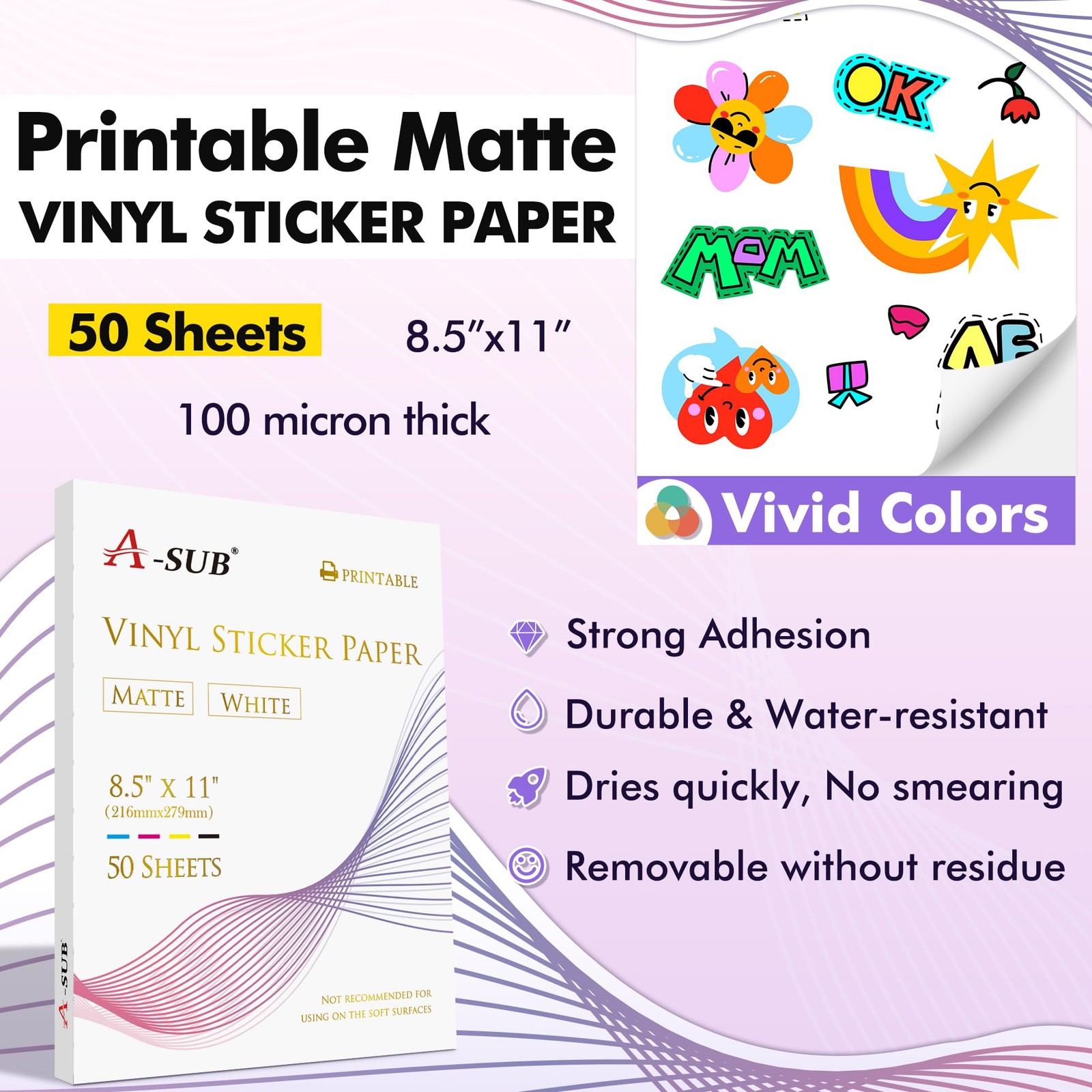 Premium Printable Vinyl Sticker for Inkjet Printers, 50 Sheets Matte White Wa…