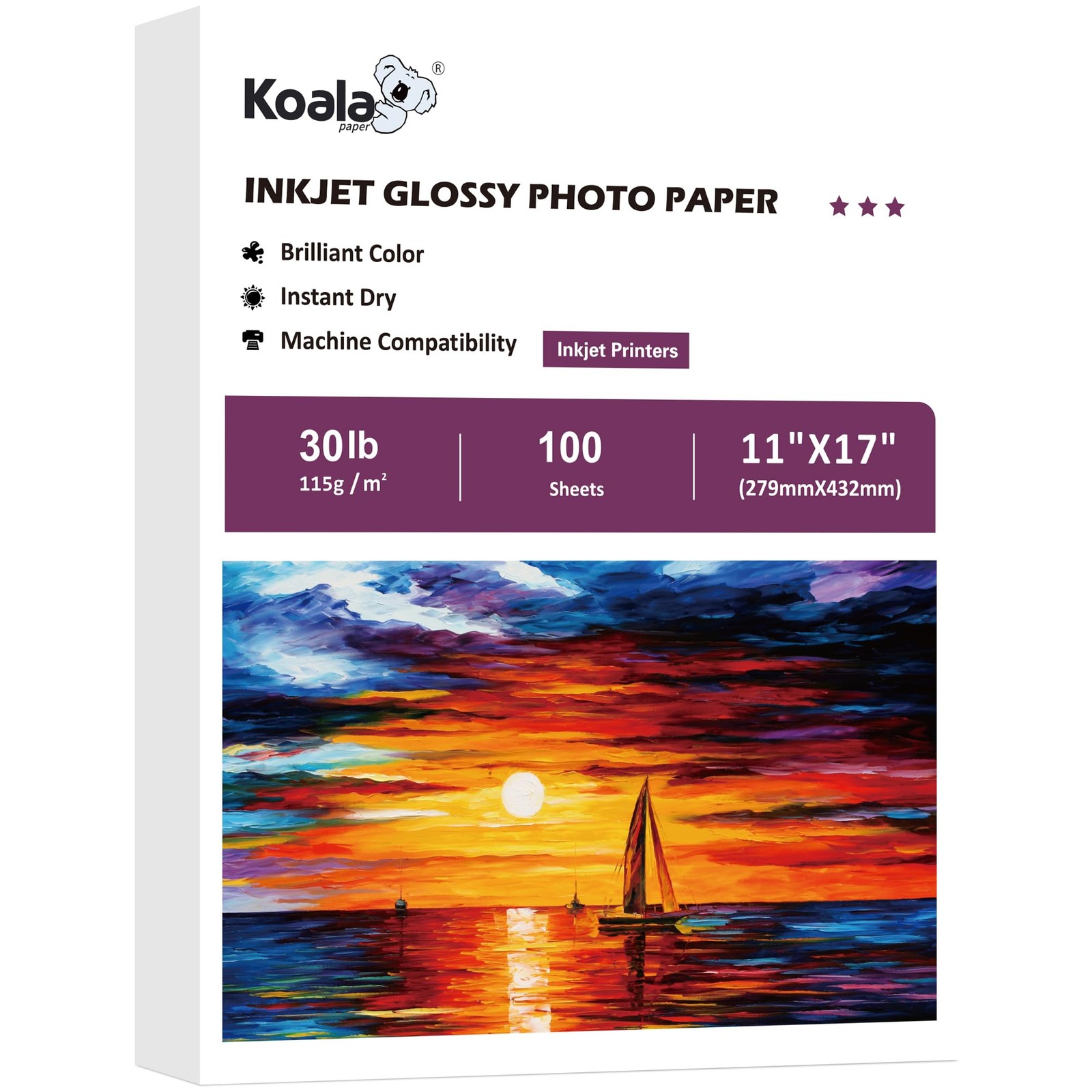 Koala Glossy Thin Inkjet Paper 11X17 Inches 100 Sheets 30LB Printer Paper Com…
