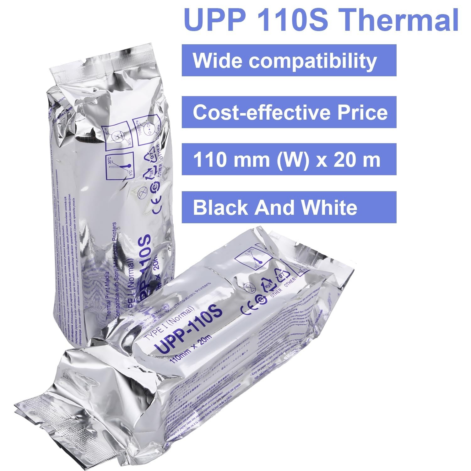 UPP-110S Ultrasound Paper – 5 Rolls, 110mm x 20m, Black & White Printing