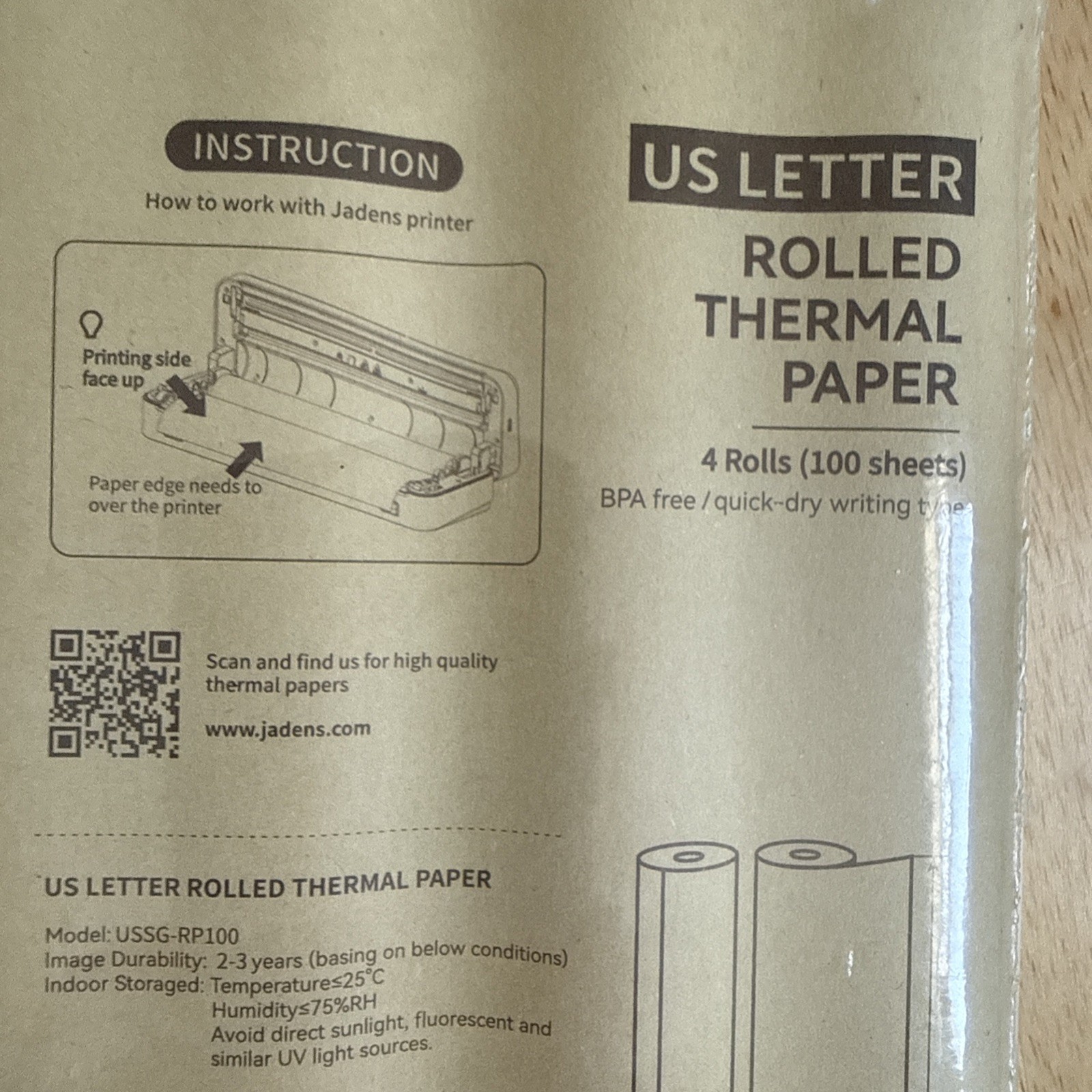 JADENS US Letter Size Quick-Dry Thermal Printer Paper 4 Rolls, Quick-dry