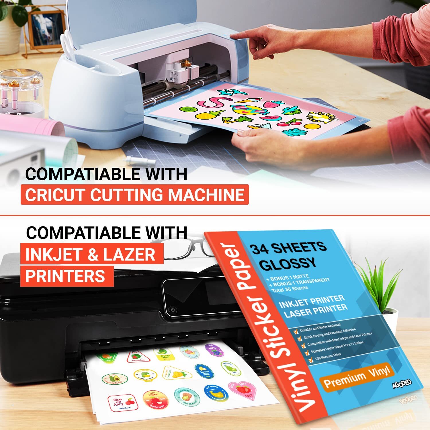 Premium Printable Vinyl Sticker Paper Inkjet & Laser Printer – 34 Sheets Self…