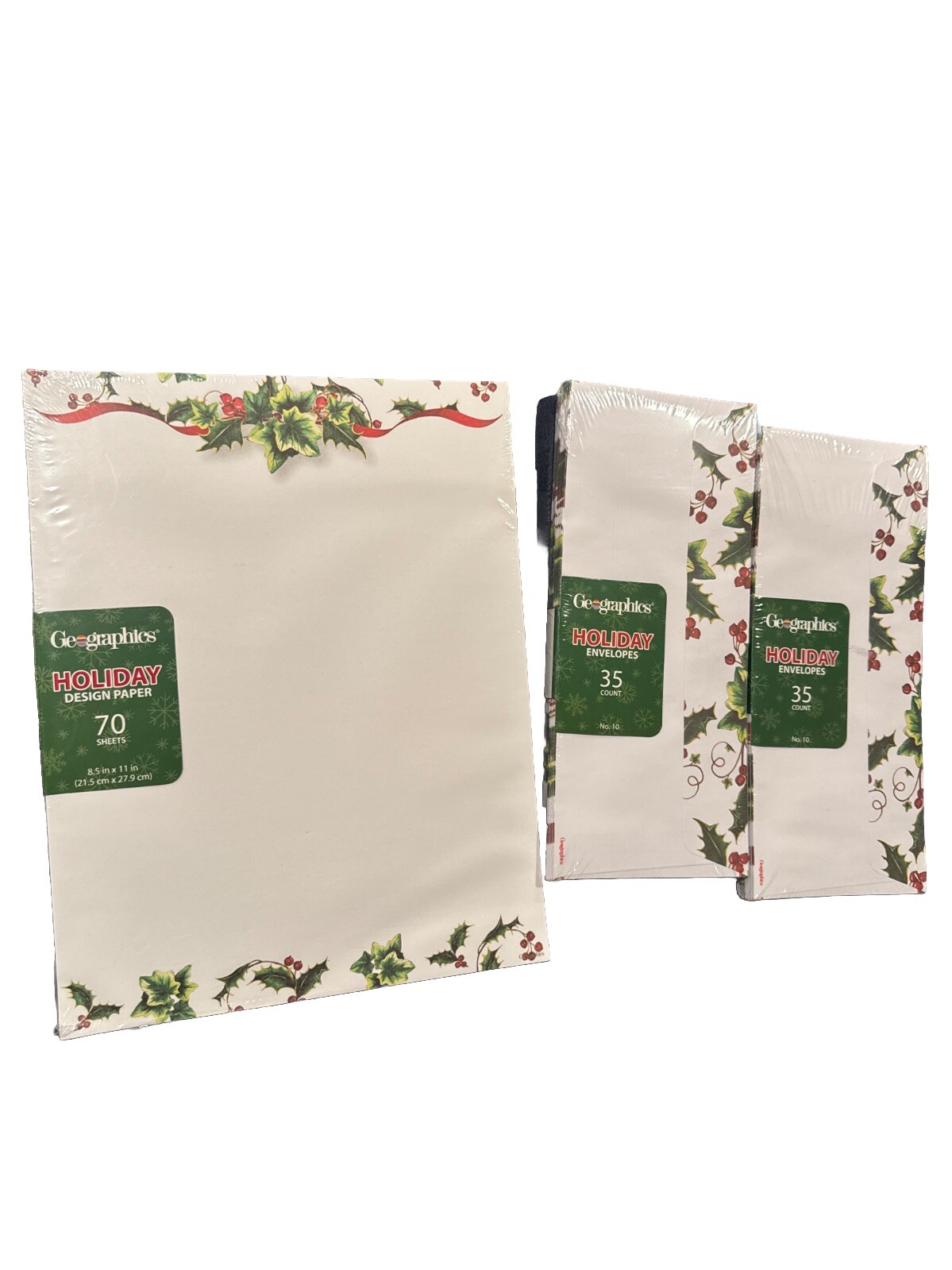 70 Christmas Stationery Paper Envelopes Geographics Holiday Holly Berries NIP