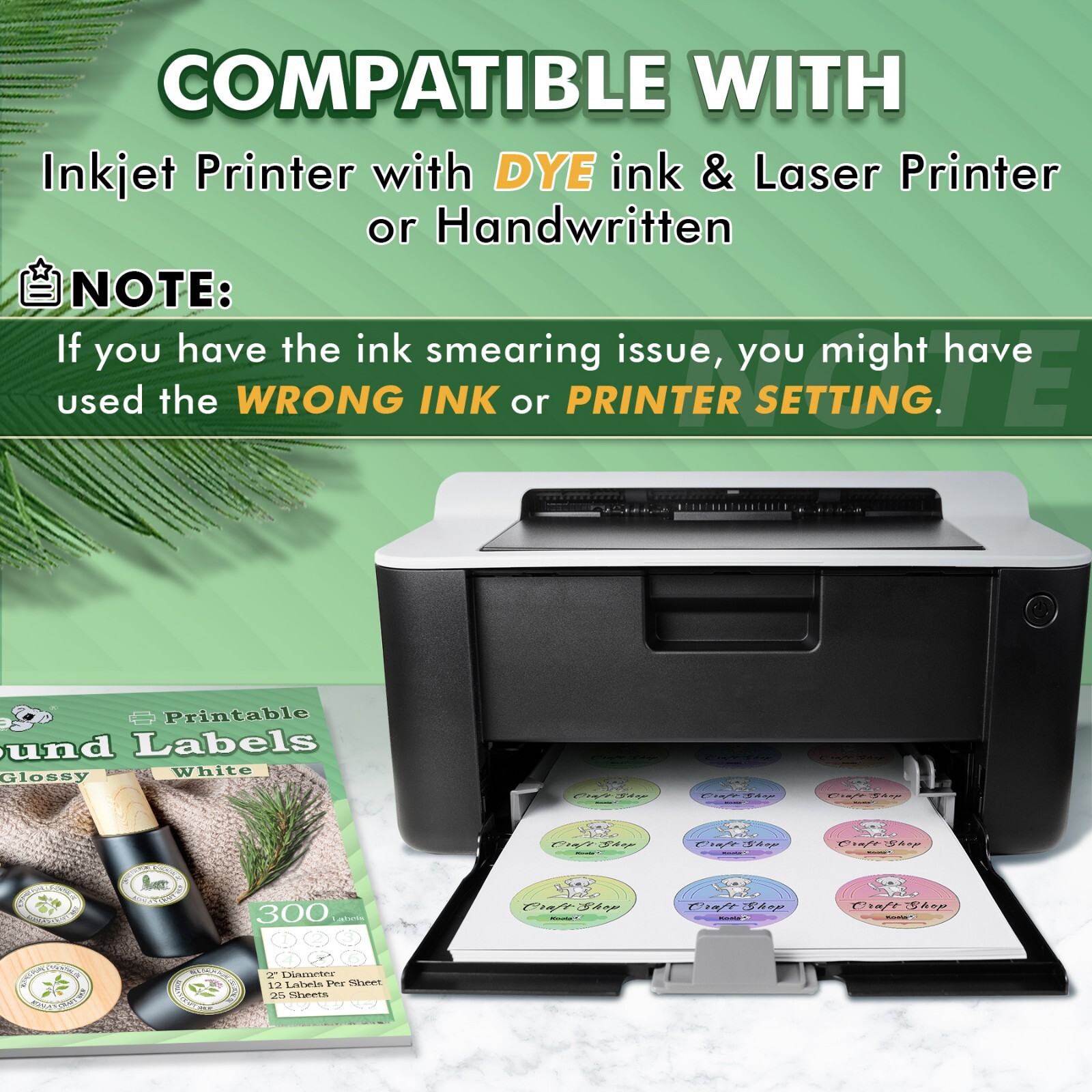 Koala Round Label 2 In, Waterproof Sticker Paper for Inkjet / Laser Matte White