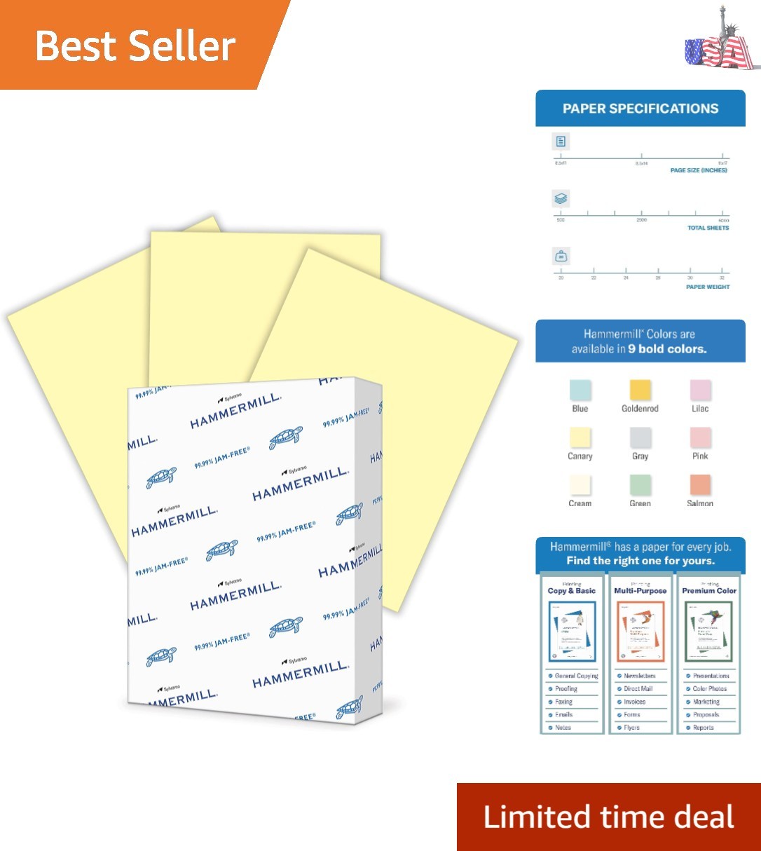 Dependable 20 lb Recyclable Canary Yellow Paper, 500 Sheets, Jam-Free Guarantee
