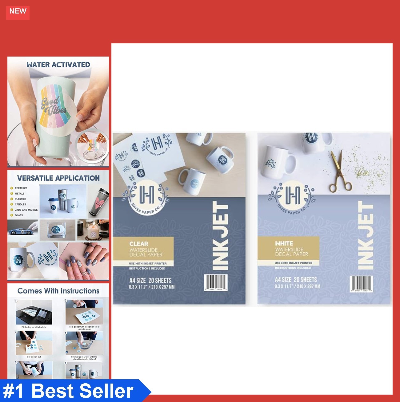 Hayes Paper, Bundle Waterslide Decal Paper Inkjet Clear and White 40 Sheets