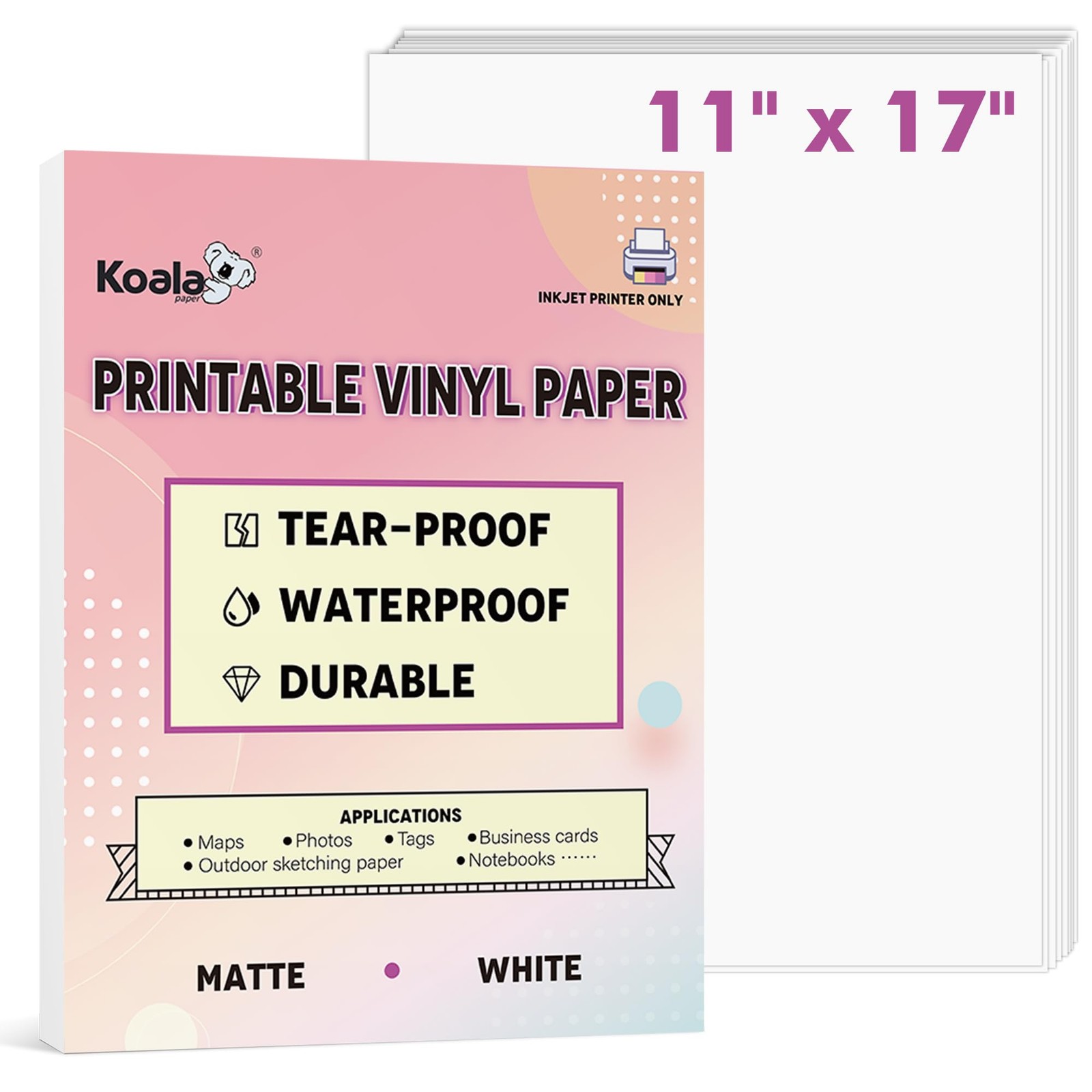 Printable Waterproof Paper for Inkjet Printer, 11×17 In 30 Sheets Matte White…