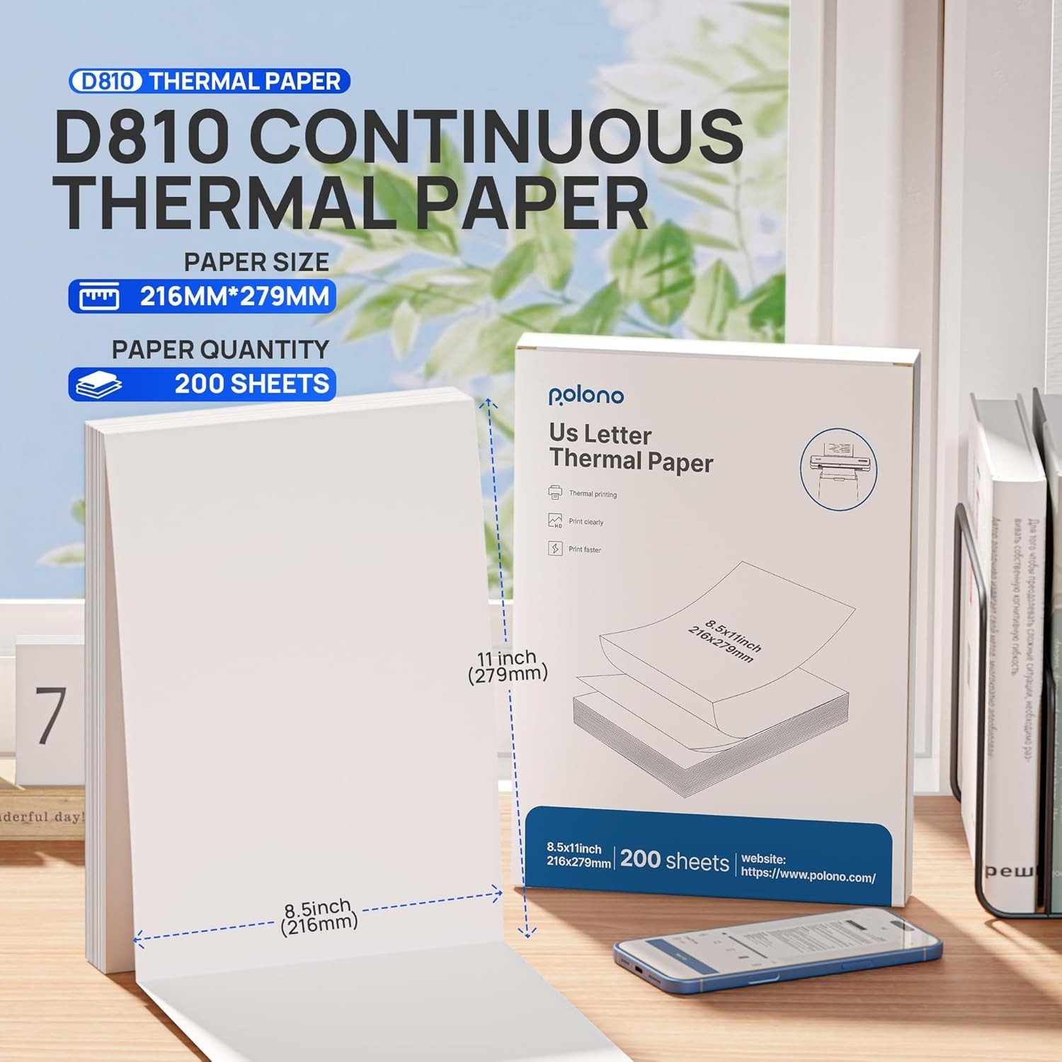 POLONO D810 Thermal Printer Paper 8.5 x 11 Inch, Advanced 200 Sheets, white