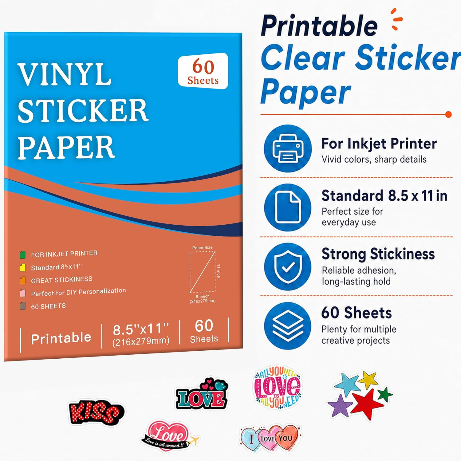 60 Sheets Premium Printable Clear Vinyl Sticker Paper for Inkjet Printer, 8.5X11