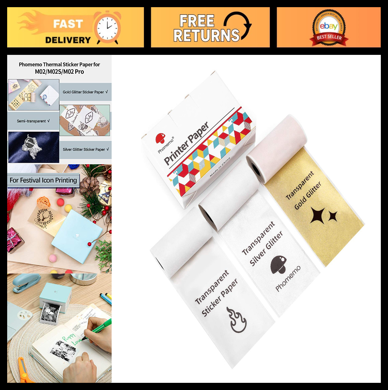 Pocket Printer Paper for M02/M03 – Transparent/Silver/Gold Glitter Stickers