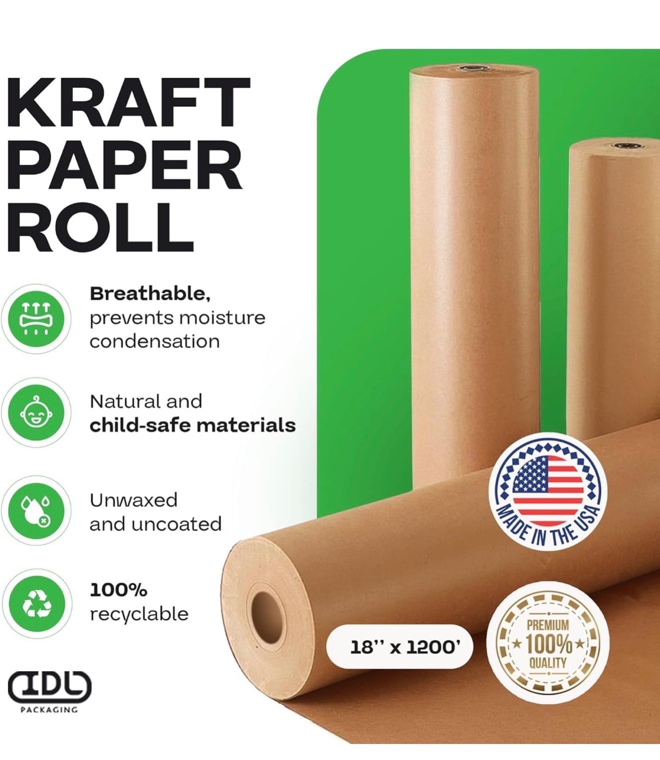 IDL Packaging Large Brown Kraft Paper Roll 18″ x 1200 feet (14400 inches) – N…