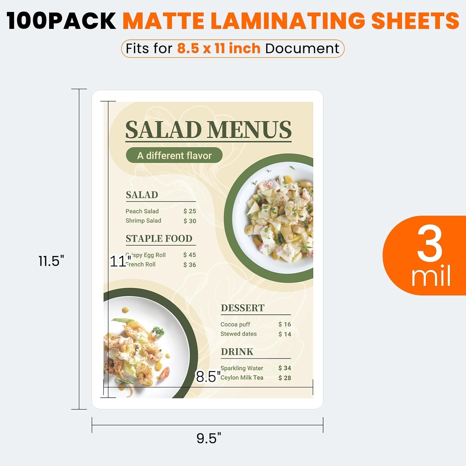 Matte Laminating Sheets,100 Pack 9 x 11.5 Inches,3 Mil Thick,Ultra Clear with
